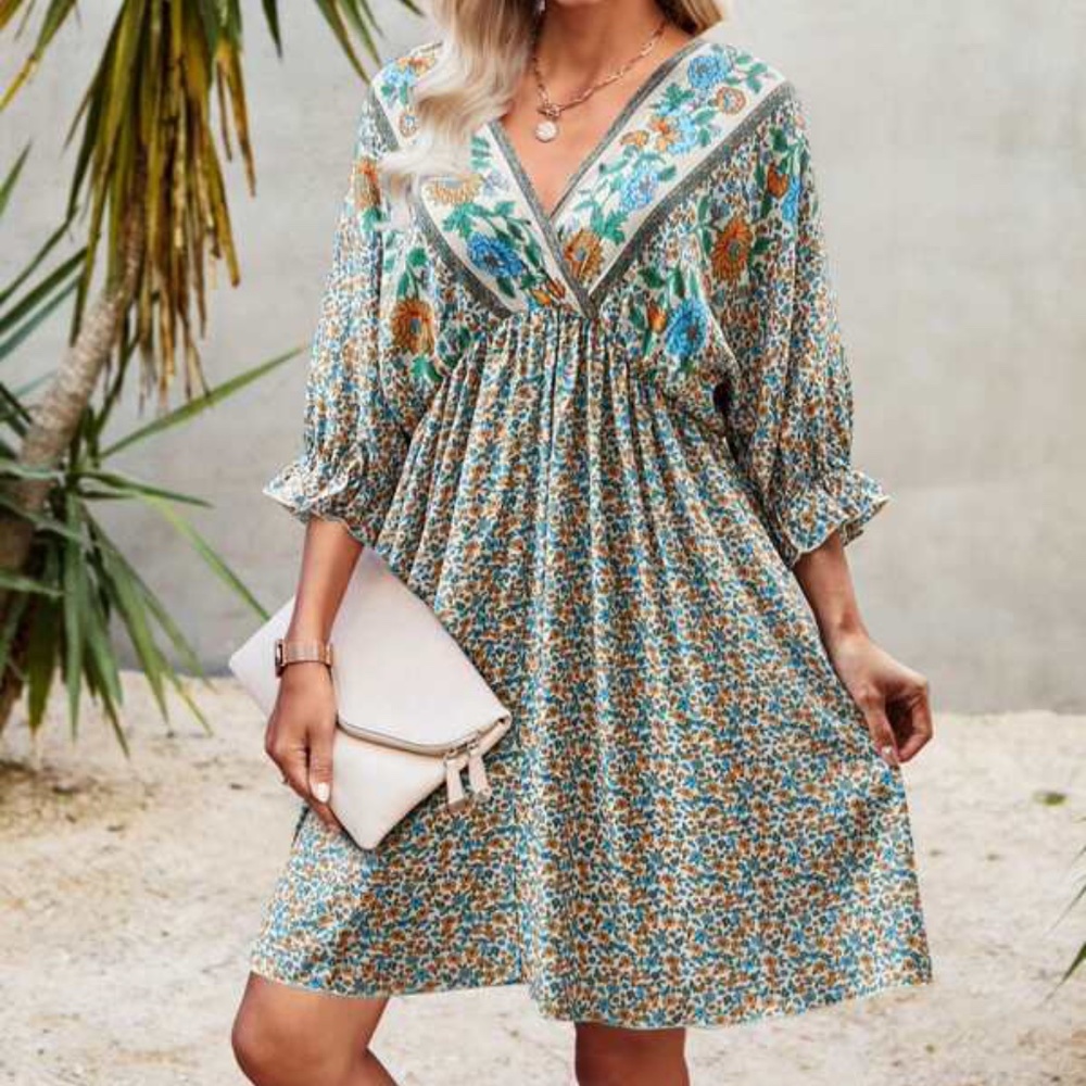 Boho Navy Floral Print Ruffle Sleeve Mini Dress Cottagecore - Picture 4 of 13